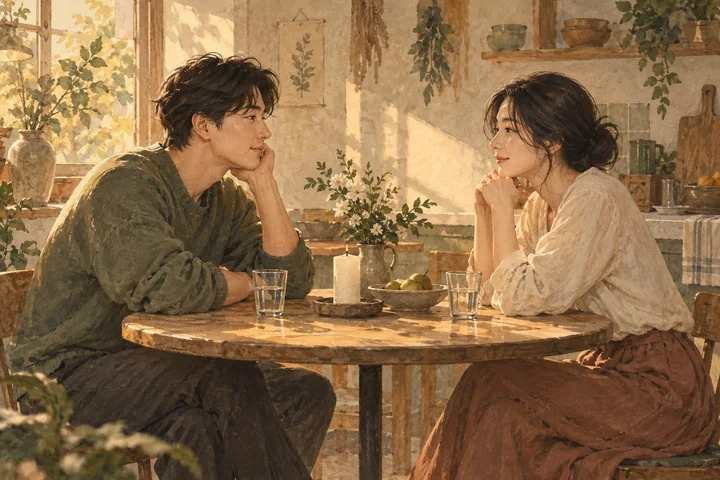 식탁에서 차분히 대화하는 부부로 표현한 관계 돌아보기